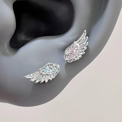 Angel Wing Earrings for Women Statement Flat Back Cartilage Stud Earrings Trendy Angel Wing Helix Piercing Stud Silver Cubic Zirconia Earring Jewelry Accessories - color: Blue