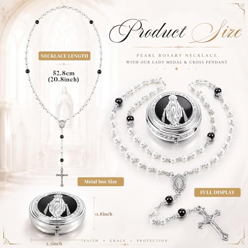 Jadive 24 sets Catholic Rosary Necklace, 6mm Glass Pearl Beads 8mm Our Father Bead Metal Gift Box for Women Men Prayer Gift - color: Silver