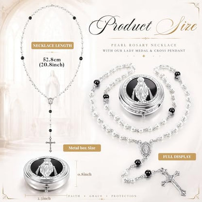 Jadive 24 sets Catholic Rosary Necklace, 6mm Glass Pearl Beads 8mm Our Father Bead Metal Gift Box for Women Men Prayer Gift - color: Silver