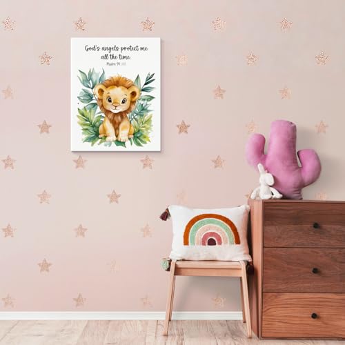 SZERE Woodland Nursery Animals Bible Verse Canvas Art Print, Cute Lion Forest Nursery Room Bedroom Wall Art Decor, Psalm 91, 11x14 Inch - color: lion