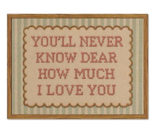 Framed You'll Never Know Dear How Much I Love You Wall Art, Vintage Nursery Pink Green Striped Pictures Wall Decor, Inspirational Quote Paintings Canvas Prints for Girl Bedroom Living Room 16x24 inch - color: Pink Green, size: 24"L x 16"W