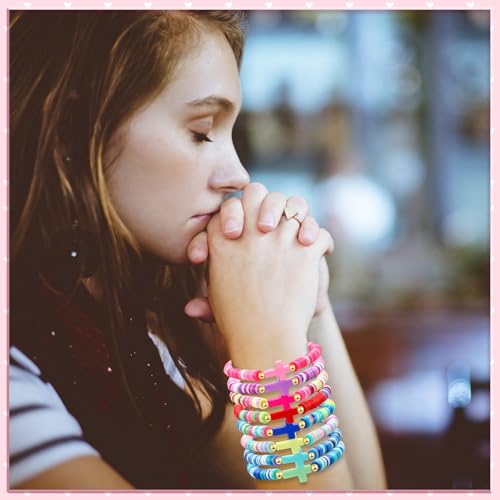 Artlunar Cross Bracelet for Men Women Beaded Clay Elastic Stackable Stretch Bracelets Christian Jewelry Gifts