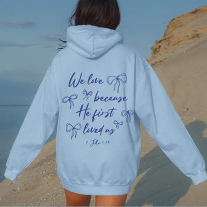 Christian Bow Hoodies for Women Cute Bow Print Sweatshirt Bible Verse Graphic Hoodie Religious Pullover Sweatshirts - color: Blue, size: Large