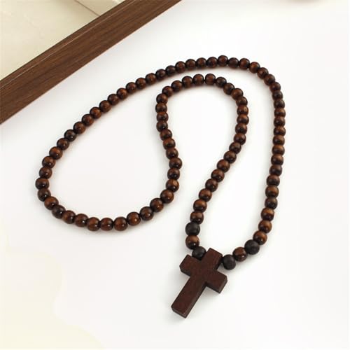 Natural Wood Beaded Cross Rosary Necklace Boho Handmade 8MM Wooden Beads with Jesus Cross Lightweight Rope Necklace for Men Women Religious Christian Prayer Fashion Jewelry Gifts - color: Dark brown