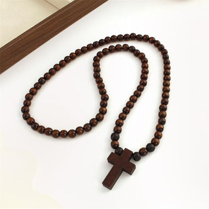 Natural Wood Beaded Cross Rosary Necklace Boho Handmade 8MM Wooden Beads with Jesus Cross Lightweight Rope Necklace for Men Women Religious Christian Prayer Fashion Jewelry Gifts - color: Dark brown