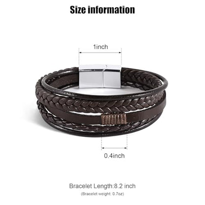 Leather Bracelet for Men Braided Stainless Steel Mens Bracelets - color: Brown-SilverBuckle