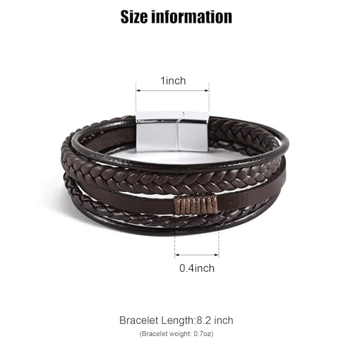 Leather Bracelet for Men Braided Stainless Steel Mens Bracelets - color: Brown-SilverBuckle