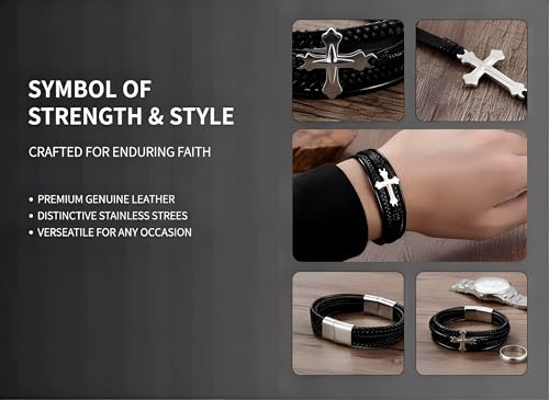 Stainless Steel Braided Leather Bracelet for Men Cuff Bangle Cross - color: Black&Sliver-Style A