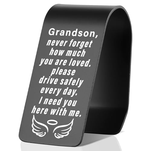 YODOCAMP Drive Safe Grandson Car Visor Clip, Gift for Grandson from Grandma Grandpa, Never Forget How Much You are Loved Engraved Reminder, Safe Driving Car Accessory TZC195 - color: Black-C195