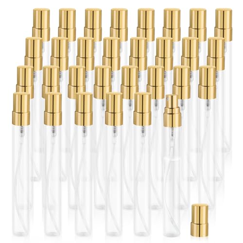 30 Pcs 10ml/0.34oz Mini Spray Bottle Glass Fine Mist Perfume Atomizer Empty Sample Containers with Golden Lids for Travel Cleaning Essential Oils - size: 10 ml