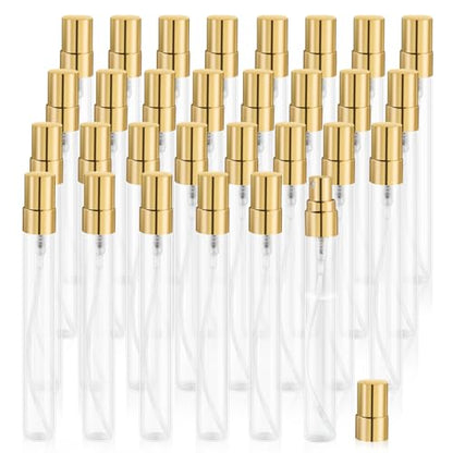30 Pcs 10ml/0.34oz Mini Spray Bottle Glass Fine Mist Perfume Atomizer Empty Sample Containers with Golden Lids for Travel Cleaning Essential Oils - size: 10 ml