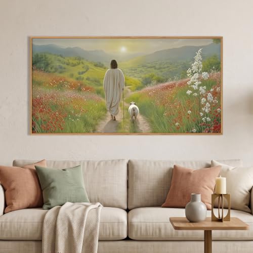 LHIUEM Large Jesus and Lamb Christian Framed Canvas Wall Art,Leaves The 99 Sheep Wall Decor,Mountain Sunset Flower Bible Artwork for Living Room,Bedroom,Dining Room,Office -20''x40''x1 - color: Jesus and Lamb Wall Art, size: 40"L x 20"W