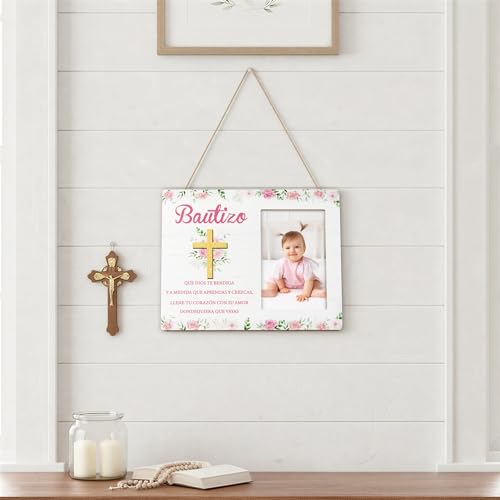 CJiangpo Spanish Baptism Picture Frame - Bautizo Gifts for Girls, Baby Religious Christening Gift Catholic Dedication Baby Shower Keepsake Pink Flower Wood Photo Frame from Godparents Friends Family
