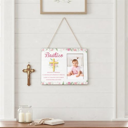 CJiangpo Spanish Baptism Picture Frame - Bautizo Gifts for Girls, Baby Religious Christening Gift Catholic Dedication Baby Shower Keepsake Pink Flower Wood Photo Frame from Godparents Friends Family