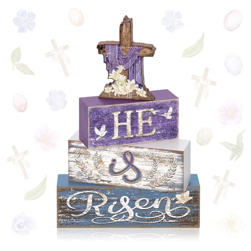 Britimes Tiered Tray Decor Set, 4 Pack, Wooden Table Sign, Easter Christian - style: He Is Risen Cross