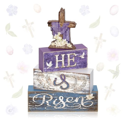 Britimes Tiered Tray Decor Set, 4 Pack, Wooden Table Sign, Easter Christian - style: He Is Risen Cross
