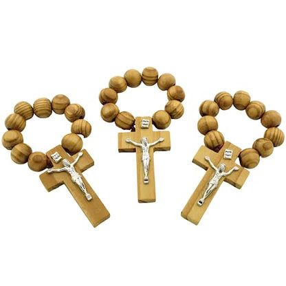 Needzo Wooden Rosary Ring, Catholic Cross on Devotional Prayer Beads, Religious Handout and Gifts, Pack of 3