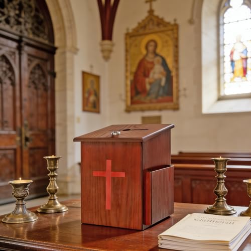 Wood Church Collection Fundraising Box Donation Charity Red Cross Sticker Flexible Application Christian Church Tithes & Offering Prayer 7.5"W x 7.5"H x 9-7/8" D Wallmount 1040S+16053