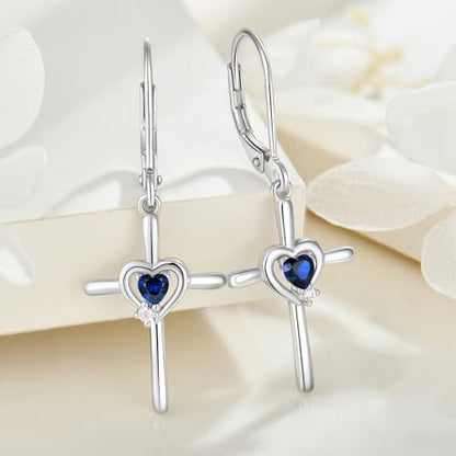 Cross Earrings 925 Sterling Silver Opal Crucifix Dangle Drop Earring Heart Birthstone Religious Jewelry for Women - color: 09-sapphire-Sept