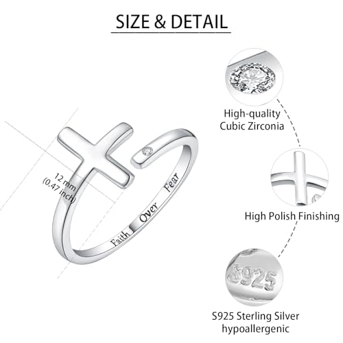 Sterling Silver Cross Rings for Women - Faith Inspirational Adjustable Rings Jewelry Gifts for Christian - style: Faith Over Fear