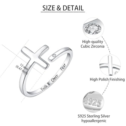 Sterling Silver Cross Rings for Women - Faith Inspirational Adjustable Rings Jewelry Gifts for Christian - style: Faith Over Fear