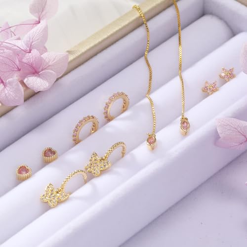 Gold Earrings Set for Women 14K Gold Plated Cubic Zirconia Love Heart Bowknot Clover Fruit Flower Insect Ocean Cross Huggie Hoop Earrings Stud Earrings Set for Multiple Piercing Party Jewelry Gifts - style: Butterfly and Heart
