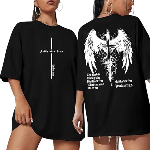 Christian Oversize Shirt for Women Jesus Faith Bible Verse Graphic Tee Tops - color: Blackw, size: X-Large