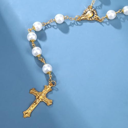 Rosary Beads Catholic for Women,Gold White Rosary Necklace for Women,Glass Pearl Beads Rosary Necklaces,Imitation Pearl Bead Necklace Rosarios Catolicos with Pouch,Catholic Gifts for Adults