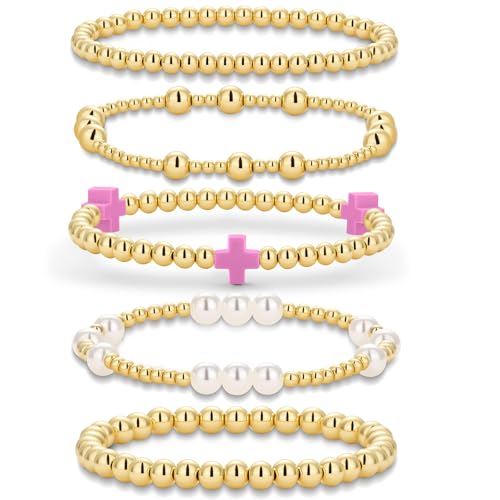 Gold Beaded Pearl Cross Bracelets Stackable Christian Stretch Jewelry Set - color: Purple