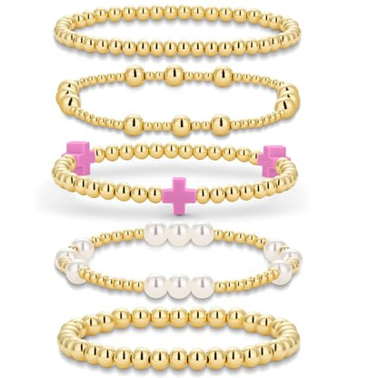Gold Beaded Pearl Cross Bracelets Stackable Christian Stretch Jewelry Set - color: Purple