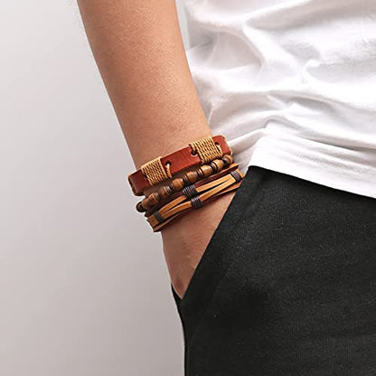 HZMAN Handmade Hemp Cords Wood Beads Leather Bracelets for Men Women - style: Wooden bead style 2