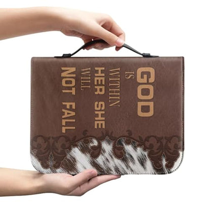 Dellukee Bible Cover Case Brown God is Within Her She Will Not Fall Print Book Cover Leather Bible Case for Women Girls with Handle - color: Brown Leather She Will Not Fall, size: Large-bible size ≤9.2*6*1.6 inch