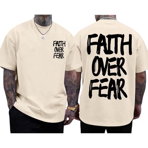 Christian Jesus Shirts for Men Faith Over Fear Shirt God Religious Bible Verse Inspirational Oversized Graphic Tees - color: Apricot, size: Small
