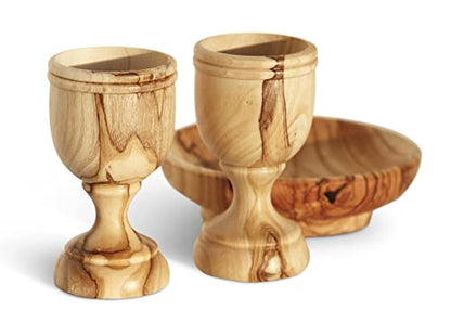 Christian Wedding Gifts – Olive Wood Communion Set Made in Bethlehem – 2 small Cups (3") & Bread Tray for Marriage Unity Ceremony – Authentic Holy Land Gift for Bride & Groom with Certificate - color: 2 Cup Set [Small]