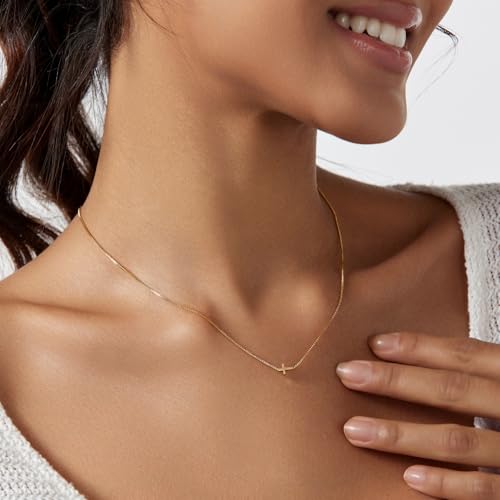 LULII Cross Necklace for Women Dainty 14K Gold Silver Plated Small Cross Pendant Choker Simple Cute Cross Gold Necklace for Women Trendy Faith Jewelry Gift - color: Sideways Cross Box Chain-Gold