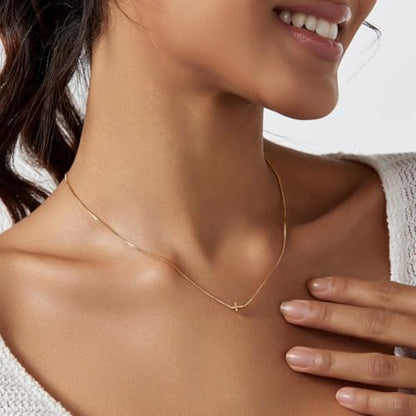LULII Cross Necklace for Women Dainty 14K Gold Silver Plated Small Cross Pendant Choker Simple Cute Cross Gold Necklace for Women Trendy Faith Jewelry Gift - color: Sideways Cross Box Chain-Gold