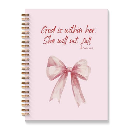 Pink Coquette Bow Christian Spiral Notebooks, God is Within Her She Will Not Fall Bible Journal, Religious Prayer Journal for Woman, Coquette Girly Office Supplies, 11.8x8.66 Inches - color: Colour-4-A4