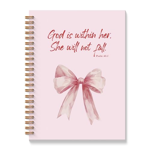 Pink Coquette Bow Christian Spiral Notebooks, God is Within Her She Will Not Fall Bible Journal, Religious Prayer Journal for Woman, Coquette Girly Office Supplies, 11.8x8.66 Inches - color: Colour-4-A4