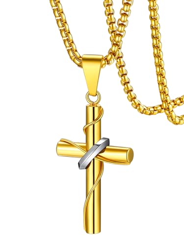 FaithHeart Stainless Steel Cross Necklace for Men, Silver/Black/Gold Cross Chains for Men Religious Amulet Necklaces Christian Gifts for Dad - style: Wrap Cross-Gold