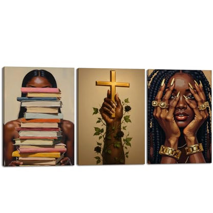 Pormipone African American Women Wall Art 3 Pieces Framed Canvas - color: Black Girl Canvas Art A, size: 18"L x 12"W