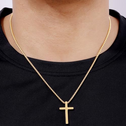 Fiusem Cross Necklace for Men, Stainless Steel Cross Pendant Jewelry Gift - size: 24.0 Inches, style: Small Golden cross: 1.2" * 0.7"