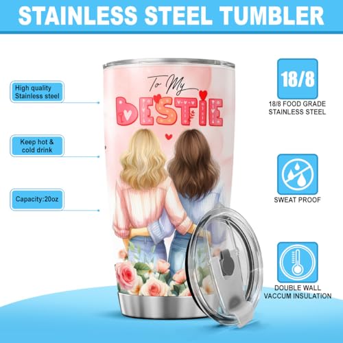 Best Friend Birthday Gift for Women, To My Bestie Quote Design, 20oz Stainless Steel Tumbler with Floral Art, Friendship Present for BFF, Valentine, Christmas, Galentines Day - color: Best Friend
