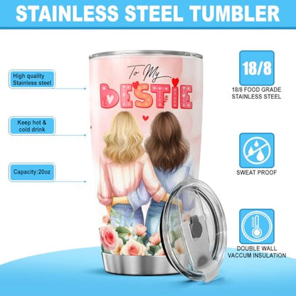 Best Friend Birthday Gift for Women, To My Bestie Quote Design, 20oz Stainless Steel Tumbler with Floral Art, Friendship Present for BFF, Valentine, Christmas, Galentines Day - color: Best Friend