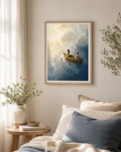 iHery 16x20in Psalm 32:8 Children on a Boat Framed Christian Wall Art - color: Beige Framed Boat, size: 20"L x 16"W