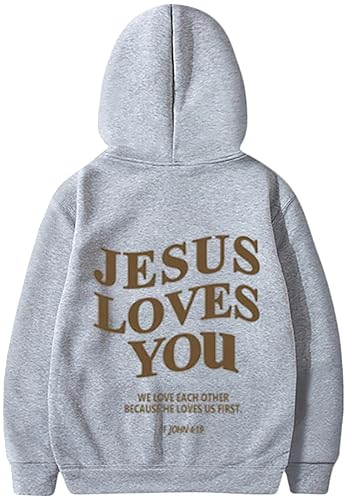 Jesus Loves You Hoodie Christian Faith Tops Religious Sweatshirt God Bible Verse Cross Graphic Pullover - color: Light Gray, size: Small