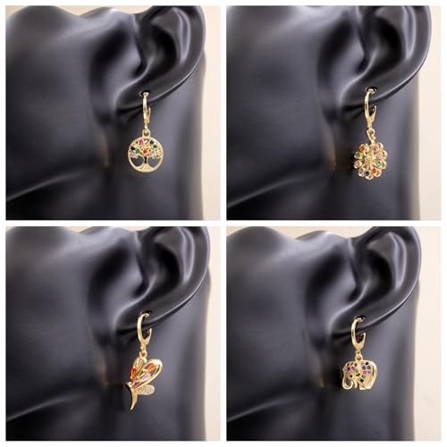 18K Gold Plated, Dangle Earrings for Women, Flower/Heart Drop earrings, Hypoallergenic Cubic Zirconia Earrings, Lightweight, Party, gold earrings, Jewelry for Gifts, Fashion - style: 4Pack-Drop-Mix