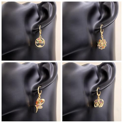 18K Gold Plated, Dangle Earrings for Women, Flower/Heart Drop earrings, Hypoallergenic Cubic Zirconia Earrings, Lightweight, Party, gold earrings, Jewelry for Gifts, Fashion - style: 4Pack-Drop-Mix