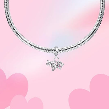 Sport Religious Charm 925 Sterling Silver Pendant,Jewelry Beads Gifts for Women Bracelet&Necklace - color: Airplane, Globe Suitcase Dangle
