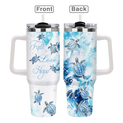 Christian Gifts for Women, 40oz Sea Turtle Tumbler with Straw Handle, Religion Faith Love Hope Stainless Steel Insulated Travel Mug Beverage Cups Present for Get Well Soon Birthday Spiritual Comfort - color: Sea Turtle-D-505-X