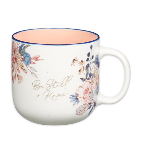 Christian Art Gifts Large Inspirational Ceramic Coffee & Tea Mug for Women - color: White & Light Pink Floral/Be Still, size: 14 Ounces